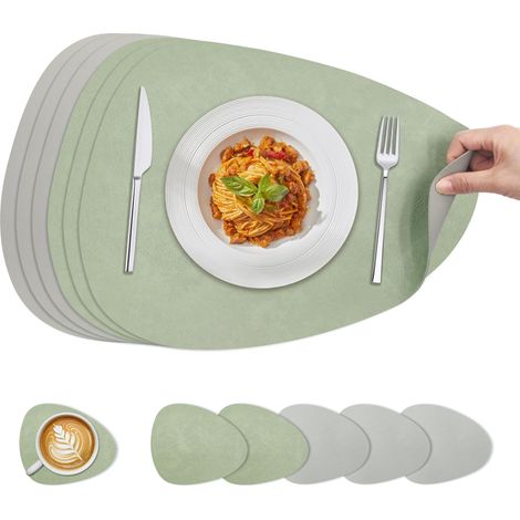 Set de Table Lavable Dessous de Table et Dessous de Verre Double Face Résistant à la Chaleur et Antidérapant (Vert + Gris, 6 Set) 40x30cm (1/5)