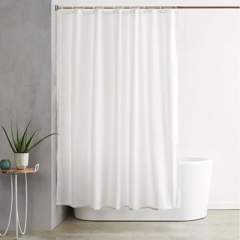 Rideau de douche en tissu imperméable et anti-moisissure avec œillets et crochets, lavable en machine, 200 x 180 cm, blanc (1/4)