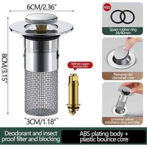 Bouchon lavabo - - SHE-2590 - Anti-poils - Acier inox - Démontable (1/4)