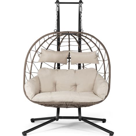 Sedia sospesa doppia in polyrattan Aria Beige Con struttura e cuscino - Altalena per 2 persone (1/3)