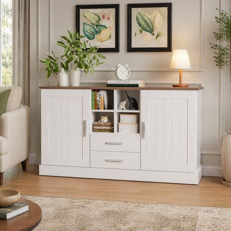 MEUBLIV Credenza 140 x 40 x 79,5 cm bianca e marrone effetto legno – 2 ante, 2 cassetti (1/5)