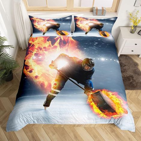 Housse de Couette pour Fans de Sport Puck pour garçons,Taille 240 x 260,Ensemble de literie sur Le thème des Jeux de Sport pour Enfants,Hommes et Femmes,Parure De Lit en Flamme dorée,décor de Chambre (1/5)
