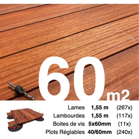 Kit complet terrasse bois exotique PADOUK pour 60 m² • Lames 1,55 m, lambourdes 1,55 m, plots réglables et visserie Inox • Livraison gratuite (1/4)