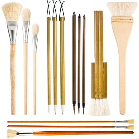 Brushes Céramique - Manche Long En Bois - Pour Émaillage Poterie Peinture Aquarelle Acrylique Gouache - 14 Pièces (1/5)