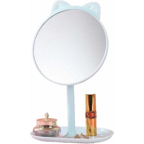 Miroir de maquillage de table de chevet avec poignée - Oreilles de chat bleues + peigne (1/4)