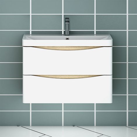 Acezanble 800mm Bathroom Vanity Unit Sink Wall Mounted Cabinet,Oak Body + 2 White Drawers (1/4)