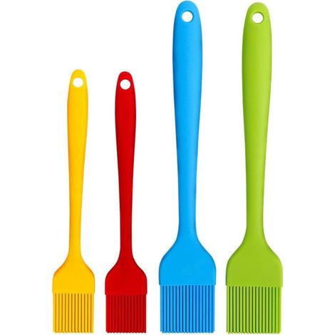 Juego de 4 brochas de silicona para barbacoa: resistentes al calor y libres de BPA incluye brochas para untar. Ideales para asar a la parrilla, freír y hornear. Cerdas suaves y mangos largos. (1/5)