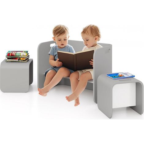 GOPLUS Table Enfant avec 2 Chaise en Forme de U, Bureau Enfant en Bois de Bouleau avec Poignées Rainurées et Coins Arrondis, Gain de Place, Charge 50/100KG, Table d'Activités pour 2+ Ans (Gris) (1/5)