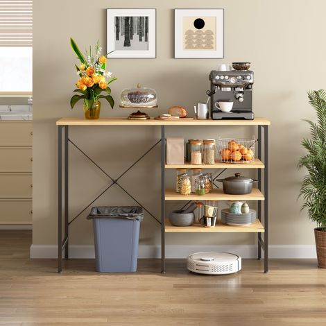 AS EASY Table d'appoint multifonctionnelle, table organisatrice à combinaison libre avec structure en métal noir et plateau effet bois, montage flexible pour cuisine, salon, cave et garage, 120x40x85,