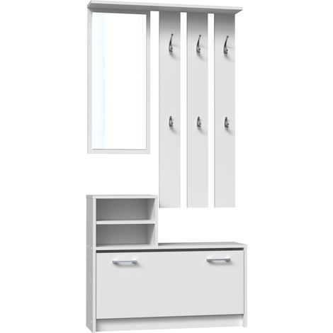 CDF Garderobe Farbe: Weiß Großer Spiegel Kleiderbügel Geräumiger Schuhschrank Ideal für Diele, Flur Praktische Ablagen Modernes Design (1/2)
