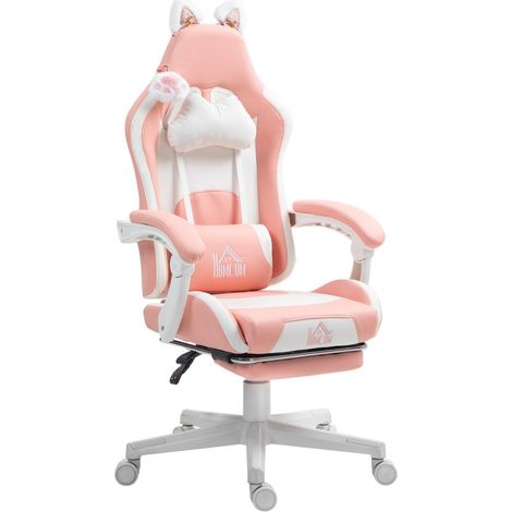 Fauteuil gamer Amia oreille de chat inclinable repose pieds rose blanc (1/5)