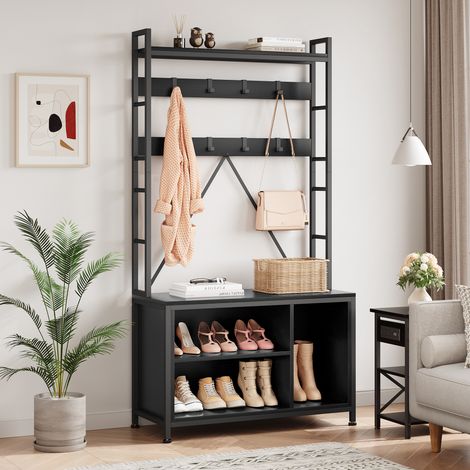 Banc porte-manteau industriel 5-en-1, crochets réglables, casiers, range-chaussures