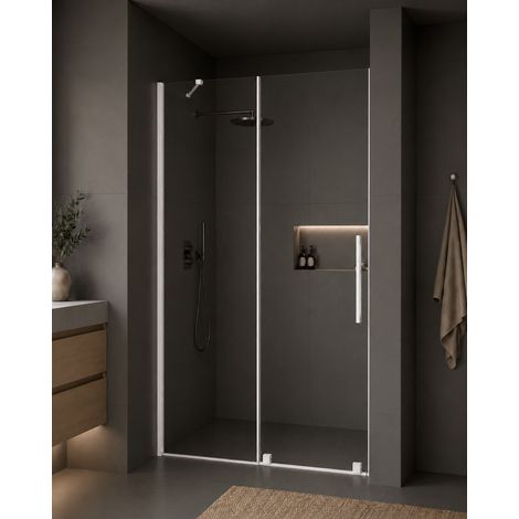 Cabine de douche en niche, porte coulissante en verre clair de 140 cm avec profilés en aluminium blanc Deante Nivis KTJA34R 140 cm (1/5)