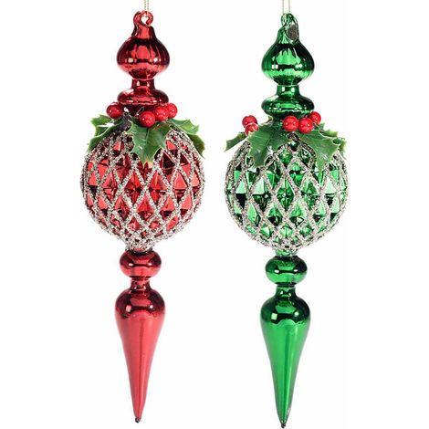 Set 2 decoraizoni Natalizie da appendere in vetro con bacche e foglie di agrifoglio (1/2)