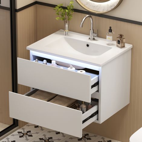 Meuble vasque suspendu moderne 61 x 46 x 45 cm blanc en MDF laqué avec vasque céramique intégrée, 2 tiroirs et LED (1/5)