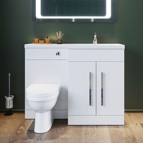 ELEGANT 1100mm L Shape Right Hand Bathroom Vanity Sink Unit Furniture Storage,Vanity unit + Basin + Ceramic D shaped Toilet with Concealed Cistern High Gloss White (1/5)