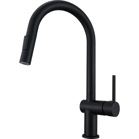 KTW‑zugelassene Küchenarmatur Ausziehbar 360° Drehbar Hochdruck‑Mischbatterie Schwanenhals Wasserhahn Zink‑Messing Matt Schwarz (1/5)