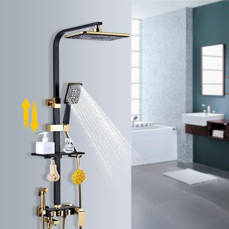 Kit doccia a pioggia - Nero e oro - Sistema doccia con doccetta - Soffione doccia - Colonna doccia regolabile - Altezza regolabile 75-120 cm
