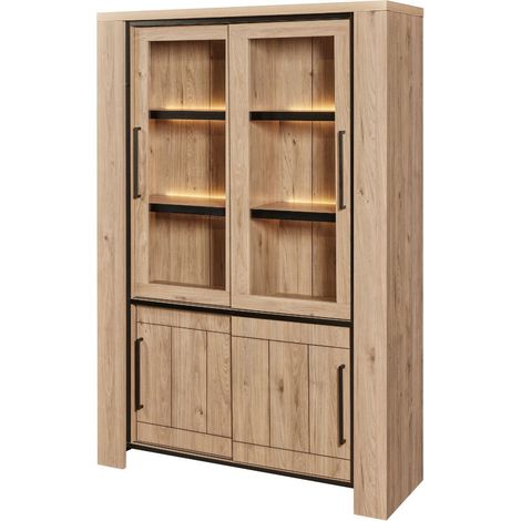 Argentier 4 portes coulissantes dont 2 vitrées avec éclairage leds aspect bois finition Castel Oak - SORIEL