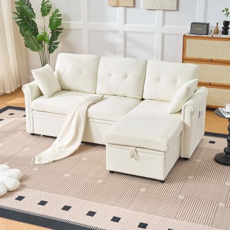 Canapé d'angle convertible 206x130x85 cm Coffre Rangement Fonction Lit Chenille Beige (1/5)