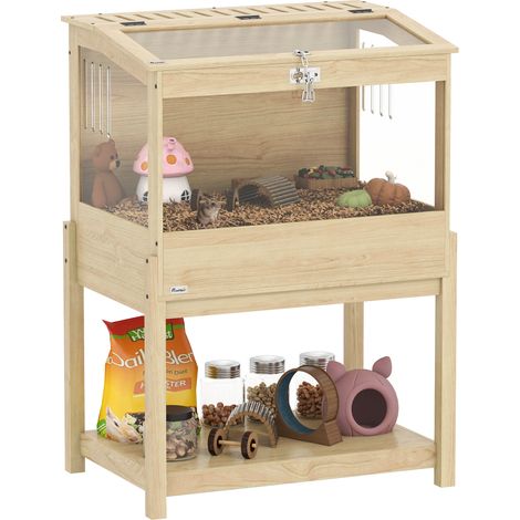 Erhöhter Hamsterkäfig aus Holz mit Aufbewahrungsschale und Klappdeckel, 83,2 x 50 x 103 cm, Holzoptik