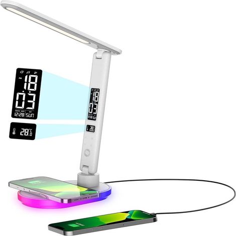 Lampe de bureau LED blanche avec chargeur sans fil 10 W, variateur tactile 5 niveaux, USB, écran LCD (1/4)