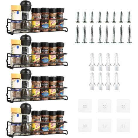 QORVA-Étagère à épices murale - Lot de 4 rangements pour épices de cuisine - Sans perçage - Étagère à épices autocollante avec 8 autocollants et vis - Idéal pour les armoires de cuisine (1/4)