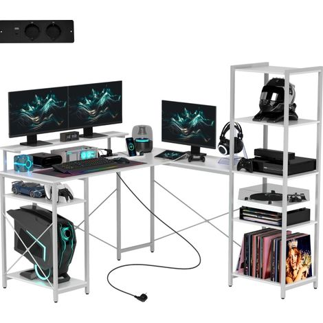 Scrivania gaming a L con scaffale, supporto monitor, presa USB e USB-C, bianca HOMVRA (1/5)