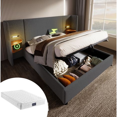 DESVIAE Lit double avec rangement 160 x 200 cm tête de lit avec étagère lampe de lecture USB Type C sommier à lattes bois massif et métal gris avec matelas ressorts ensachés 720 (1/5)