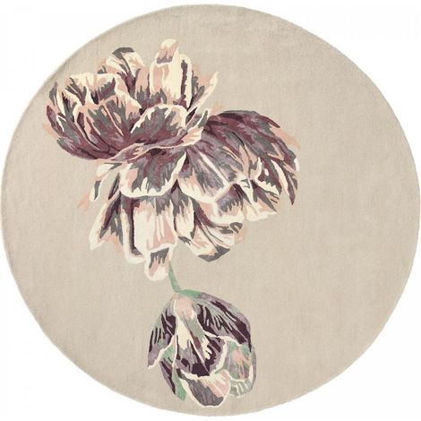 Tapis rond fait à la main Ø150cm beige et marron en laine motif floral pour chambre (1/5)