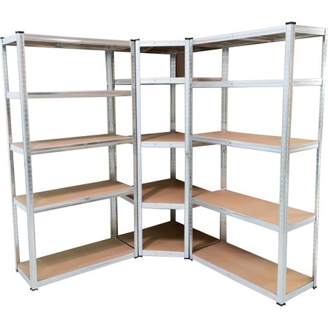 Pack 2 Estanterías Almacenaje Rectas y 1 Esquinera Metálicas 180 x 160 x 160 cm Galvanizadas Modulares 15 Baldas Ajustables MDF Carga 175 kg/Estante 2625 Kg Total Montaje Suelo Garaje / Trastero / Hog (1/5)