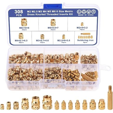 308 pièces Kit d'inserts filetés et de pannes à souder M2 M2.5 M3 M4 M5 M6 Insert fileté Aide à la fusion pour inserts filetés Ecrous à sertir pour impression 3D Laiton Filetage par fusion (1/4)