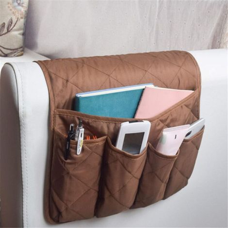 Organiseur pour Accoudoir de Fauteuil, Canapé Chaise Protetor Housse, Suspendre Poches Economie D'espace, Sac De Rangement Antidérapant pour Téléphone, Livre, Magazines, Télécommande TV, Marron (1/4)