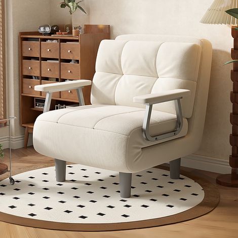 Fabulcozy 1-Sitzer-Sessel aus Cord, umwandelbar zum Schlafsofa – mit Kissen und Metallarmlehnen (Off-White)