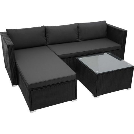Poly-Rattan Garnitur HHG-831, Balkon-/Garten-/Lounge-Set Sofa Sitzgruppe schwarz, Kissen dunkelgrau ohne Deko-Kissen