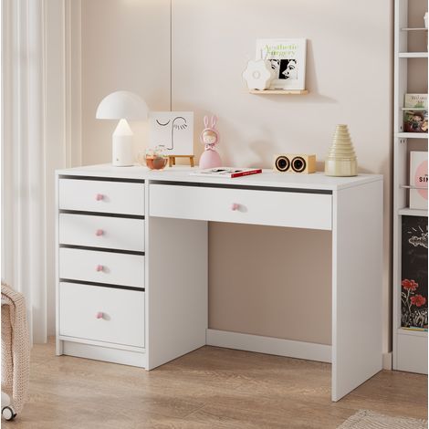 Escritorio blanco con 5 cajones y tiradores de cerámica rosa 120 x 45 x 74 cm OKWISH (1/5)