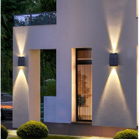 Applique murale solaire d'extérieur haut et bas, éclairage solaire de chemin, luminaire extérieur pour garage, porte d'entrée, couloir, porche, bureau, enceinte de piscine, jardin (noir lumière chaude