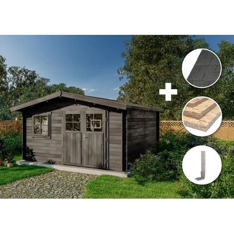 Alpholz ECO Set - Gartenhaus Valeria-28 - grau Gartenhaus aus Holz in Grau, Holzhaus mit 28 mm Wandstärke Blockbohlenhaus (1/4)