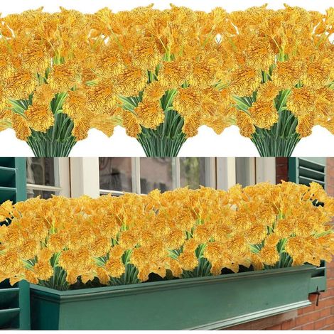 Fleurs artificielles, 12 paquets de fleurs artificielles résistantes aux UV, pas de décoloration, faux buissons en plastique, décorations de jardinière pour porche de jardin (Jaune) (1/5)