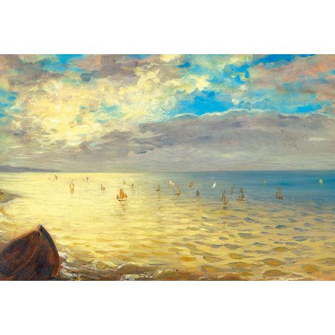 Papier peint panoramique mer peinture célèbre | Tapisserie panoramique maritime avec bateaux pour salon | Papier peint panoramique bleu & doré - 384 X 260 cm (8 pièces) (1/2)
