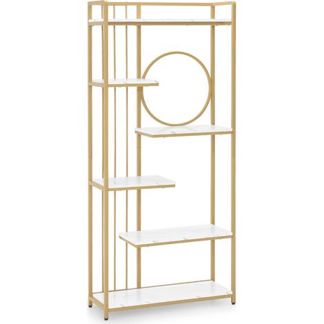 BarberPub Bücherregal, Standregal mit 6 Ebenen, Büroregal mit Metallrahmen, Regal für Büro, Wohnzimmer, Schlafzimmer, Küche, Nagelstudio, Marmor-Weiß Gold, 5180 (1/5)