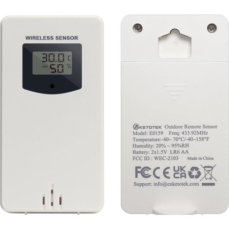 Thermomètre numérique Hygromètre Capteur extérieur pour station météo Capteur sans fil Hygromètre Thermomètre électronique 433.92MHz avec affichage, alimenté par 2 piles AA (1/5)