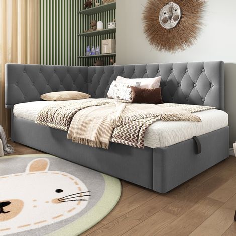 MEUBLIV Estructura de cama 90x200 cm gris – almacenaje hidráulico, sin colchón (1/5)