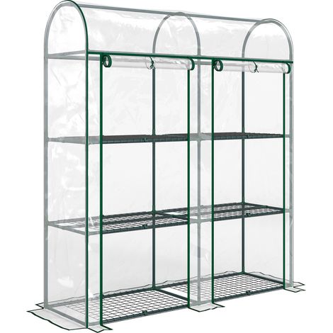 Serre de jardin 3 niveaux avec étagères, petite serre en bâche PVC transparente et châssis acier, 2 portes enroulables. (1/5)