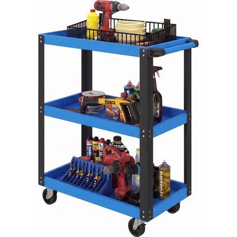 Chariot à outils à 3 étagères, avec roues et poignées, idéal pour garage, atelier, maison. Capacité de charge : 120 kg. Coloris : bleu et noir. (1/5)
