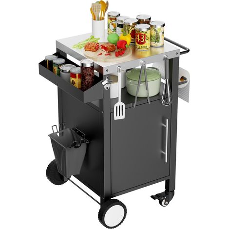 Chariot de barbecue, table de barbecue avec espace de rangement, chariot de bar roulant, chariot de barbecue avec crochets et porte-épices pour accessoires de barbecue, noir