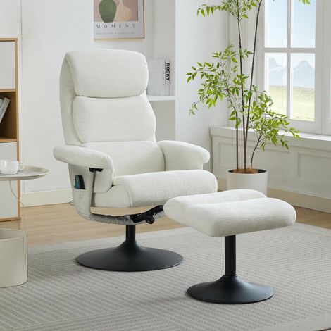 Fauteuil inclinable 023 avec fonction d'inclinaison et massage 5 points, fauteuil TV avec chauffage électrique et repose-pieds, pivotant à 360°, revêtement en chenille blanche