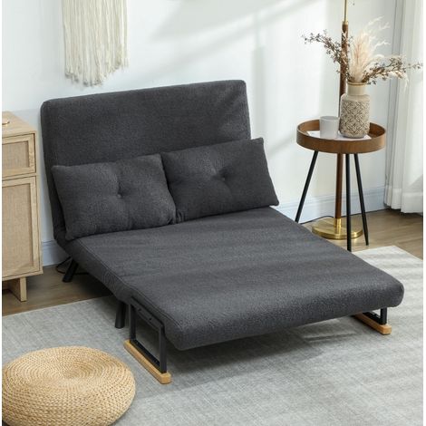 Sofá cama 2 plazas convertible 4 en 1 en tela gris oscuro, respaldo ajustable 5 posiciones, con 2 cojines y reposabrazos de madera – CHICFURN para salón (1/5)