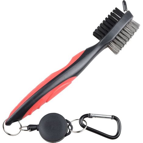Spazzola per mazze da golf e scanalature - Spazzola a doppia faccia in nylon e acciaio con punte per la pulizia di superfici e scanalature delle mazze - Fornita con moschettone per appenderla facilmen (1/5)