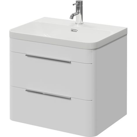 Oslo Gloss White 600mm Wall Mounted 2 Drawer Vanity Unit with Fina Basin - 600mm - Chrome 300mm Finger Pull